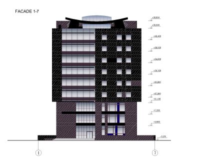 Multi-Story Office Building Elevation - 1-Model Architectural Drawing. CAD block in DWG format free download.