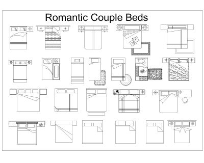 Free AutoCAD 2D Editable Drawings for Romantic Couple Beds Top Views