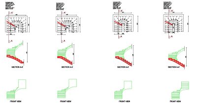 U-Shape Stair Drawings – Plan, Section & Elevation (4 Variations)