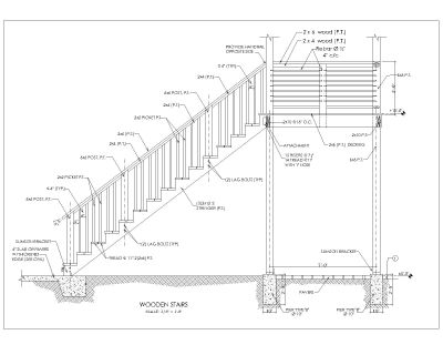 Wooden Stairs Detailed Drawing with RAILING