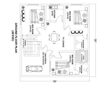 Téléchargez ce plan de maison d'habitation de dimension 38'x36 'disponible en version Autocad 2017.