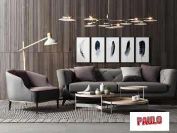 Design da sala de estar com luminária de chão e sofá cinza, 3 mesas circulares 3ds max