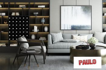 Diseño de sala de estar con sofá gris, mesa circular de hierro y estantería para libros 3ds max