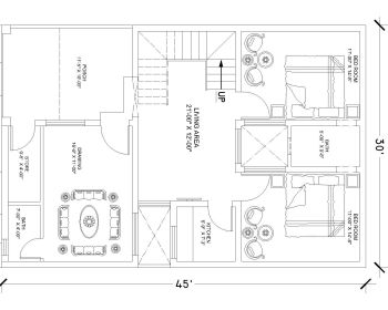 Download this residential house plan of dimension 30'x45' available in Autocad version 2017.