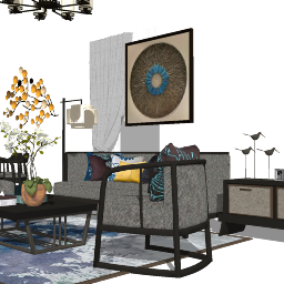 Design de sala de estar com sofá cinza e decoração de pássaros skp