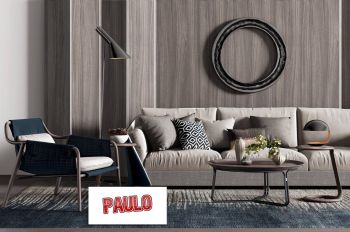 Diseño de sala de estar con sofá gris y mesa circular de madera 3ds max