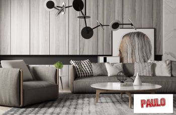 Design del soggiorno con plafoniera circolare e divano grigio 3ds max