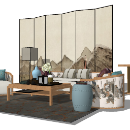 Diseño de sala de estar con tabique de cuadros skp