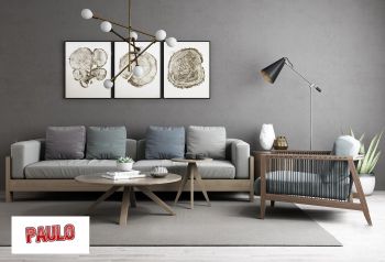 Living room design with ceiling lights, sofa, floor lamp and picture on wall 3ds max