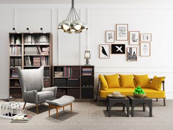 Diseño de sala de estar con sofá amarillo 3ds max