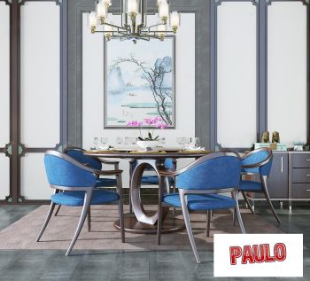 Projeto da sala de jantar com cadeiras azuis 3ds max
