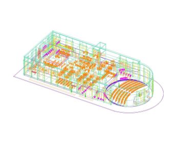 Modelo 3D de auditório com vista de elevação