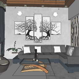 Wohnzimmer Design mit grauem Sofa und Kombination Bilder Dekoration auf Wand skp