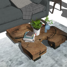 Design de sala de estar com grande mesa de madeira skp