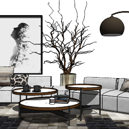 Projeto da sala de estar com 3 mesas circulares e vaso skp