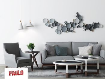 Design del soggiorno con divano grigio e 2 tavoli circolari 3ds max