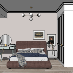 Diseño de dormitorio con cama marrón y espejo circular skp