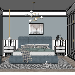 Bedroom design with navy bed and circle ceiling lights skp