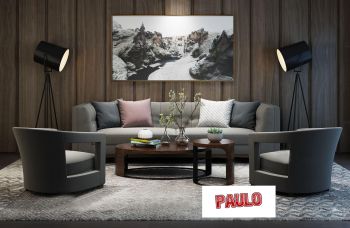 Design del soggiorno con 2 lampade da terra, divano grigio e 2 tavoli 3ds max