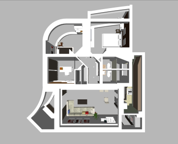 Apartment design with 1 bed room,1 loft room, 2 toilets and1 living room skp