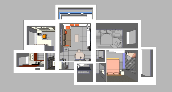 Apartment design with 1 living room, 2 bed room,1 loft room,1 kitchen and washing corner skp