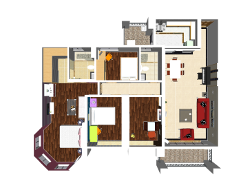 Apartment design with 2 bedrooms and 2 toilets, 1 living room, 1 children room skp