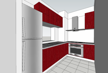 Projeto de cozinha de apartamento com gabinete vermelho skp