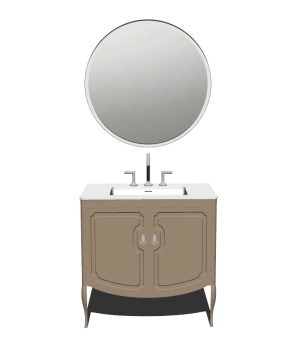 Lavabo de salle de bain avec dessus de table en marbre blanc et sous meuble brun clair (2 charnières) _ miroir circulaire SKP