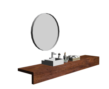 木製キャビネットとサークルミラーskpのバスルームの洗面化粧台シンク