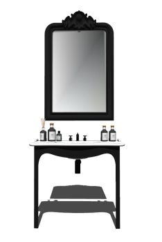 Schwarzes hölzernes Badezimmerwaschtisch mit weißer Marmortischplatte und Spiegel skp