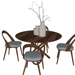 Brown circle table with 3 chairs and 2 vasea skp