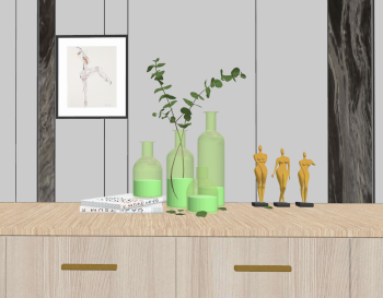 Cabinet avec vase vert et statues de femme nue dorées SKP