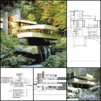【World Famous Architecture CAD Drawings】Fallingwater House- Frank Lloyd Wright