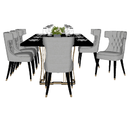 深色大理石餐桌，金色框架和8张白色皮革椅子skp
