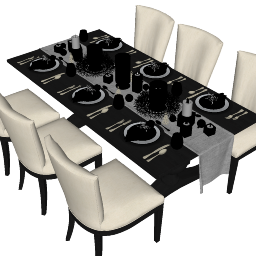 Table rectangulaire en marbre foncé avec 6 chaises en cuir SKP