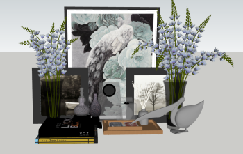Decorative gray pelican with books and violets skp