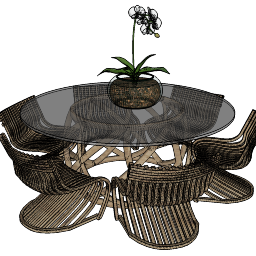 6 poltronas decorativas de vime e mesa redonda de vidro skp