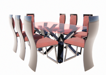 Dining table with red glass table top  and chairs revit family