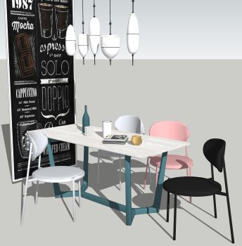 Mesa de comedor con 2 sillas blancas y 1 silla rosa, 1 silla negra skp