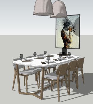 Dining table with white marble table top and 6 chair skp