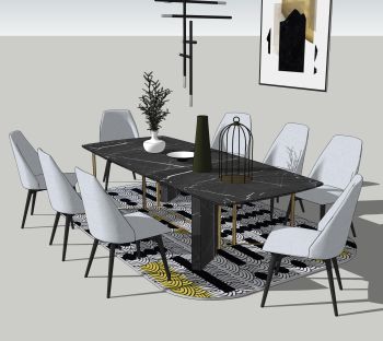 Dining dark marble table with 8 chairs skp