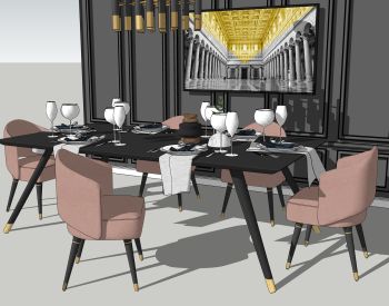Dining dark table and 6 pink chairs skp