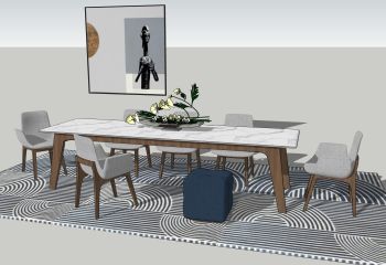 Dining white marble table with 6 gray chairs skp