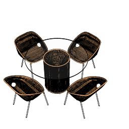 Mesa redonda cilíndrica de vime com tampo de vidro circular e 4 cadeiras de vime skp