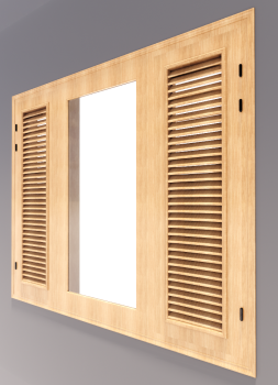 Wooden 3-door window with 2 door louver revit model