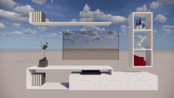Decoración mueble TV con jarrón y estantería modelo revit