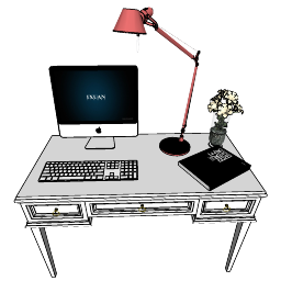 Tavolo in MDF bianco con lampada da tavolo rossa skp