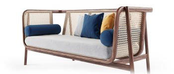 Wood, Rattan,  Fabric Cane sofa 3d Model.