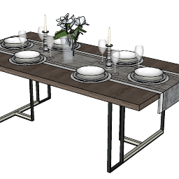 木制餐桌与菜，碗，眼镜skp