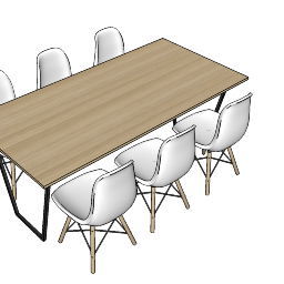 6つの白い椅子skpが付いている木の長方形のテーブル